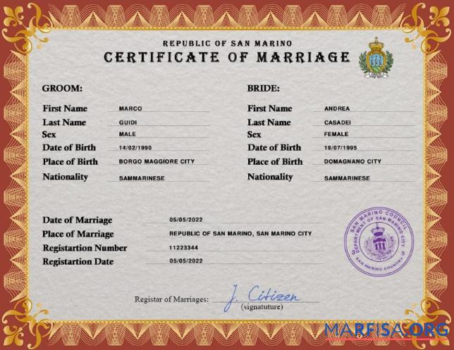 Printable San Marino marriage certificate PSD template